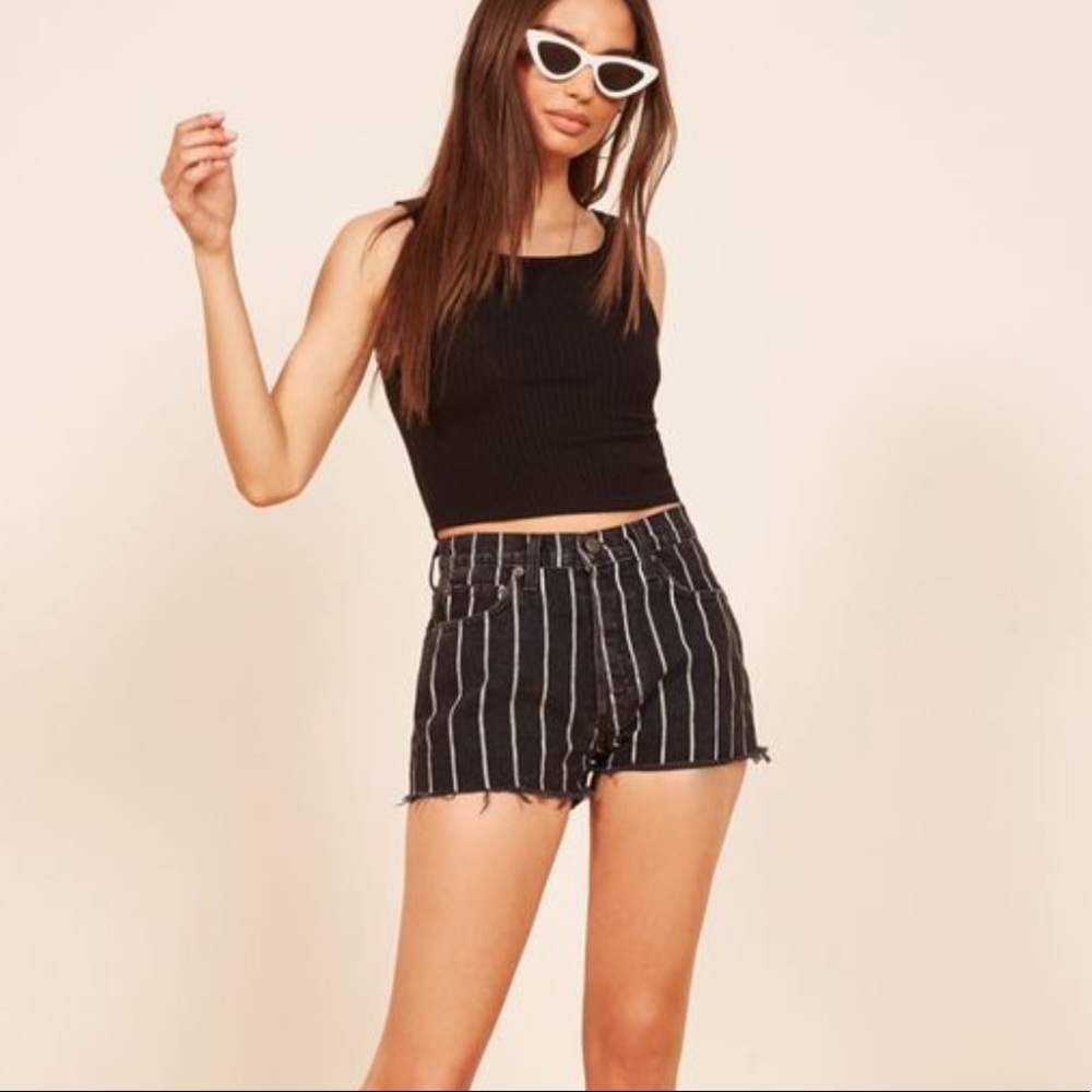 Reformation Black and White Striped Jean Shorts